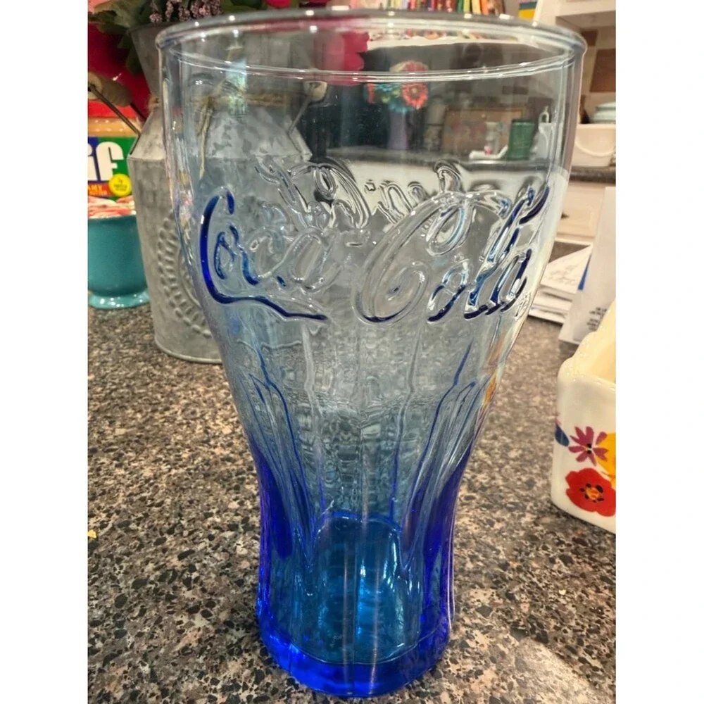 Vtg Coca-Cola Rare Cobalt Blue Ribbed Contour Shape Glasses with Embossed Script